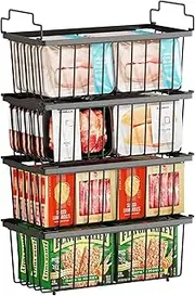 OLABIX Freezer Organiser Bins with Side Handles (37x18x13cm), Stackable Chest Metal Wire Storage Basket Deep Freezer Organizer Sort Frozen Meats, Vegetables, Foods for Kitchen & Pantry (8-pack)