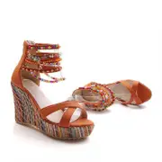 Nevenka Women's Wedge Sandals with Pearls Platform High Heels Shoes-Orange