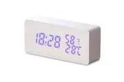 LED Digital Alarm Clock Woodgrain Temperature Humidity USB Power - White