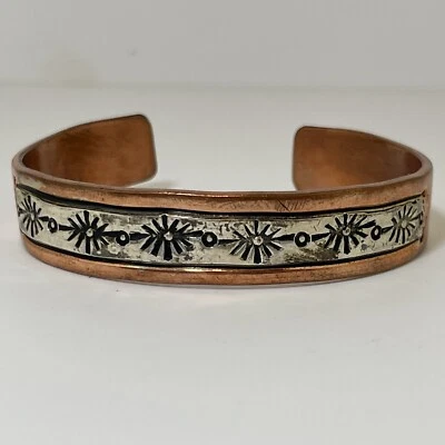 Native American Copper Bracelet With 925 Sterling Silver Overlay, Signed