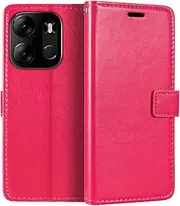 [Shantime] Leather Case Compatible with Tecno Pop 7 Pro, Business Design Magnetic Flip Cover with 3 Card Slots, Photo Frame, and Hidden Wallet(Rose Red)