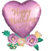 SuperShape Happy Birthday Satin Heart with Flowers Balloon