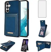 [Asuwish] Phone Case for Samsung Galaxy S23 FE 5G Wallet Cell Cover with Tempered Glass Screen Protector and RFID Slim Credit Card Holder Slot Stand S 23 EF S23FE 23S Women Men Blue