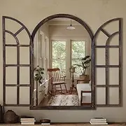 Arched Wall Mirror with Window Design, 36"x24" Rustic Farmhouse Wood Mirror for Wall Decor, Decorative Vintage Arch Mirror for Living Room, Bedroom, Entryway