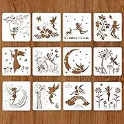 MWOOT Set of 12 Fairies, Fairy Angel Moon Drawing Painting Stencils Set, Reusable DIY Stencils for Scrapbooking Cards Floor Wall Tiles Canvas Furniture Decor (20 x 20 cm)