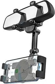 Rear View Mirror Car Phone Holder - [Four Claws Anti-Shake] Cell Phone Holder for Car Rearview Mirror with Multifunctional 360° Rotatable & Retractable Car Mount Clip for iPhone 15 14 13 12 11 Pro Max