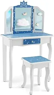 HONEY JOY Kids Vanity Set, Princess Pretend Play Makeup Table Dresser w/Tri-Folding Mirror, Drawer & Stool, 2 in 1 Dressing Table & Writing Desk w/Detachable Top, Beautiful Snowflake Print (Blue)