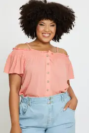 Orange Off Shoulder Top Peach Short Sleeve Button Front