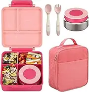 Howeemo Bento Lunch Box Set for Kids with 8oz Soup Thermo, Leak-Proof Lunch Containers with 4 Compartment, Kids Thermo Hot Food Jar and Insulated Lunch Bag for Kids to School-Pink