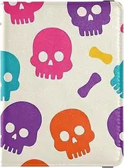 [Amooorous] Beige Cartoon Skull Silhouette Leather decorative passport book holder Vaccine Case Protector Cover Passport Case Lightweight, Beige cartoon skull silhouette, 1 size