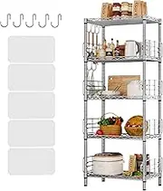Oscrobie 5-Tier Storage Shelves, Height Adjustable Shelving Unit with Anti-Drop Side Blocker & Shelf Liners & 5 Hooks, Wire Shelf Unit for Kitchen,Bathroom,Living Room