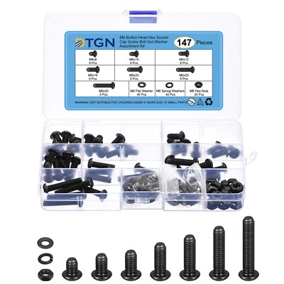 147Pcs M6-1x8~30 Button Head Hex Socket Cap Screw Bolt Nut Washer Assortment