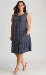 Autograph Dress Plus Size 24 Midi Shift Pintuck Frill Hem Sleeveless Navy White
