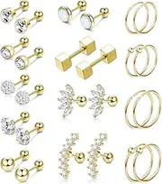 [Sanfenly] 13 Pairs Stainless Steel Cartilage Stud Earrings for Men Women Helix Tragus CZ Barbell Conch Piercing Earrings Ear Hoop Earrings