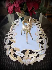 Embroidered Dresser Scarf Doily Christmas Gold Mistletoe 28" Table Runner
