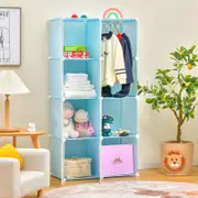 Costway 8-Cube Wardrobe Kids DIY Armoire Clothes Closet w/Hanging Rods Blue