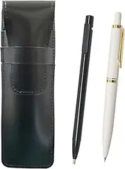 2 Pack Slim Cowhide Leather Pencil Case Black Extra Fine Retractable Eraser Black and Euro Style Brass Parts Retractable Mechanical Pencil Set White ASBER15B-NXS-W-2