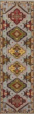 Light Blue Geometric Kazak Indian 10 ft Runner Rug Hand-knotted Carpet 3x10