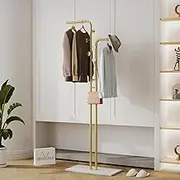 medla Metal Coat Rack Stand: Double Pole Clothing Rack with Marble Base Free Standing Coat Hanger Stand Gold Garment Rack Hat Stand with 5 Hooks for Entryway Living Room Bedroom Office