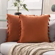 Pack of 2 Velvet Soft Solid Decorative Throw Pillows with Tassels Fringe Boho Accent Cushion for Couch Sofa Bed, Orange