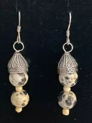 .925 Sterling Silver Ear Wires Dalmatian Jasper Bead Dangle Earrings