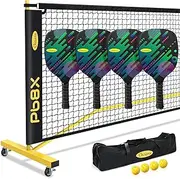 Pickleball Net Pickleball Set with Net 4 Paddles Outdoor Driveway Pickle Ball Nets Portable with Wheels 11ft & 22ft Pickleball Nets Regulation Size w/Carry Bag, Heavyduty Frame for Indoor Home