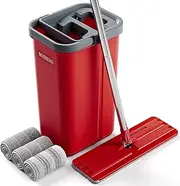 BOSHENG Mop and Bucket Cleaning System, Flat Floor Mop with Washable Microfiber Pads, Adjustable Stainless Steel Handle, Mopping Wet or Dry Floor, Easy Squeeze wash and Dry