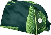 [WOSHJIUK] Working Hat 2 Pack Scrub Caps for Women,Tropical and Palm Leaves Green,Tie Back Cap Adjustable Scrub Hat