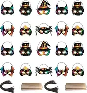 28 Pcs Scratch Paper Animal Masks with Elastic Cords Wood Stylus Halloween Mask Craft Kit DIY Rainbow Scratch Masks for Halloween Animal Birthday Party Favors