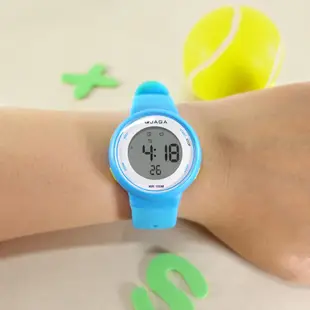 JAGA 捷卡 / 電子運動 冷光照明 計時碼錶 鬧鈴 防水100米 透氣矽膠手錶 淺藍色 /M1214-EE/36mm