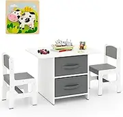 HONEY JOY Kids Table and Chair Set, Toddler Wooden Activity Table & 2 Chairs Set w/2 Fabric Storage Bins for Drawing, Reading, Crafts, Children's Furniture Set for Home, Playroom, Nursery, Daycare