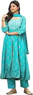[JD Finishing] Rayon Printed Kurta with Pants and Dupatta Set for Women Long Mid Length Kurtis Girls Stylish Trendy Design Anarkali Kurta Ankle Length Straight