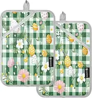 Oven Pot Holders Heat Resistant Easter Day Floral Green Plaid Potholder with Pockets Hot Pads Pot Holders Oven Mitts 2 Pack