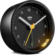 Braun Classic Analogue Clock with Snooze and Light, Quiet Quartz Movement, Crescendo Beep Alarm in Black, Model BC12B, One Size