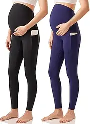 [Enerful] Maternity Leggings Over The Belly Activewear Pregnancy Stretch Workout Yoga Pants Tights with Pockets