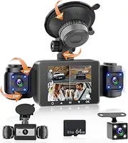 [Fuluku] 360 Degree Dash Cam View, 4 Channel Front Rear Inner Left Right, 1080P Dash Camera for Cars, 64GB Map/G-Sensor/24H Parking Mode/Night Vision/Loop Recording/Reversing Camera/GPS/FM Dash Cam