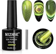 MIZHSE Cat Eye Gel Nail Polish, Bright Green Magnetic Gel Polish with Magnet Stick, Magic Shimmer Galaxy Effect Holographic Glitter Silky Cat Eye Nail Polish Soak Off Nail Art Manicure at Home