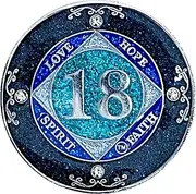 (Years 1-50) NA 18 Year Crystals and Glitter Medallion, Silver Color Plated Coin, Black Rainbow, Blue Glitter and Four Clear Crystals, Epoxy Covered (NA 18 Years Clean Time)