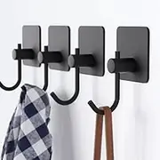 Adhesive Towel Hooks for Bathroom - 4 Pack, Black Self Adhesive Hand Towel Holder, Small Wall Hook for Hanging Towels, Lightweight Clothing, Perfect for Bathroom, Closet, Cabinet, and Behind Doors