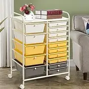 RIVALLYCOOL 15-Drawers Rolling Storage Cart, Mobile Book Paper Organizer Utility Trolley with Wheels, Ideal for School, Office, Home (Yellow)