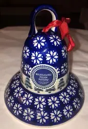 Large Boleslawiec Polish Pottery Bell Hand Painted Snowflakes & Trees Holiday