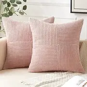 ANRODUO Pack of 2 Pink Corduroy Pillow Covers 18x18 Inch Boho Decorative Spliced Throw Pillow Covers Soft Couch Pillowcases Cross Patchwork Textured Cushion Covers for Sofa Living Room Spring Decor