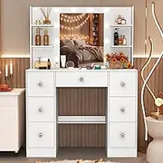 Vanity Desk with Mirror, Large Dressing Table Drawer with 10 Light Bulbs and 3 Adjustable Lighting Modes, Vanity Table Ideal for Bedroom