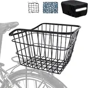 MATTISAM Bike Basket Rear, [Tool-Free Install], Bike Rack Basket for Pet, Metal Wire Bike Cargo Basket, Bicycle Basket for Back of Bike, with Waterproof Cover, Cargo Net