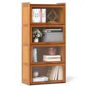 Costway 1.4m 4-Tier Bookcase w/Doors Bamboo Bookshelf Freestanding Cube Organizer Brown