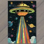POSTCARD Alien Spaceship UFO Rainbow Smoke Cartoon Style Colorful Stars Moon