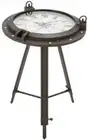 Nautical Accent Side Clock Table Roman Numerals, Iron w/Glass Round Porthole Top