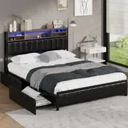 Oikiture Bed Frame Queen Size with LED Storage Bedhead 4 Drawers USB Charge