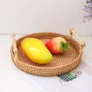 Rattan Round Hand Wicker Basket Food Storage Saving Tray With Wooden Handles New