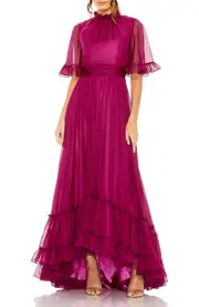 Mac Duggal Ruffled High Neck Flutter Sleeve High Low Hem Gown in Raspberry at Nordstrom, Size 8